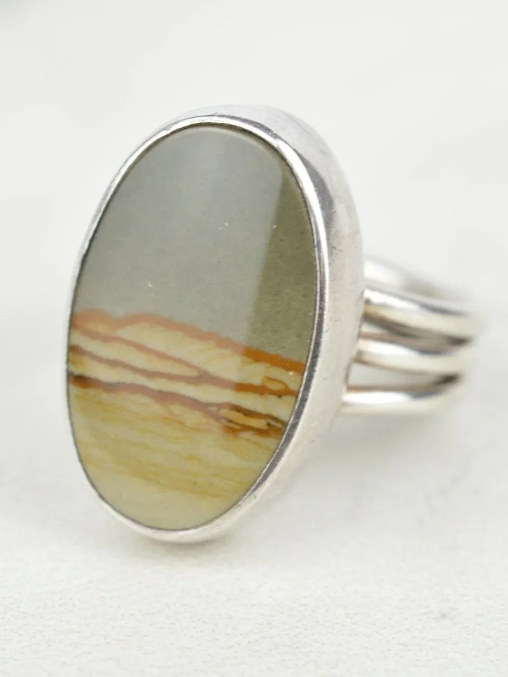 925 Sterling Silver Owyhee Picture Jasper Ring Size 5.75 Triple Wire Band 7.3g